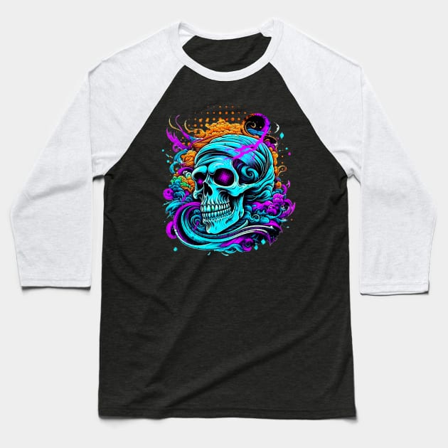 Colorful Smiling Grin Skull Face Baseball T-Shirt by Carantined Chao$